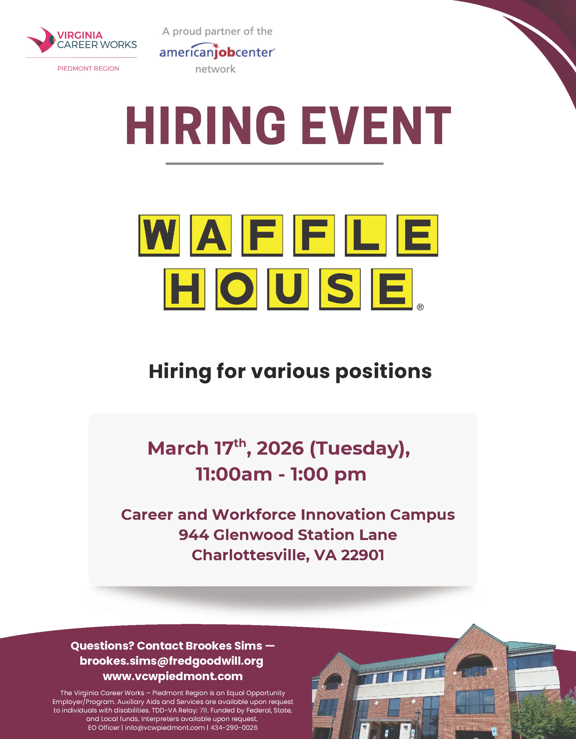 Flyer for a Waffle House hiring event on March 17th, 2026, from 11:00am–1:00pm at the Career and Workforce Innovation Campus in Charlottesville, VA. Contact and website info shown at the bottom.