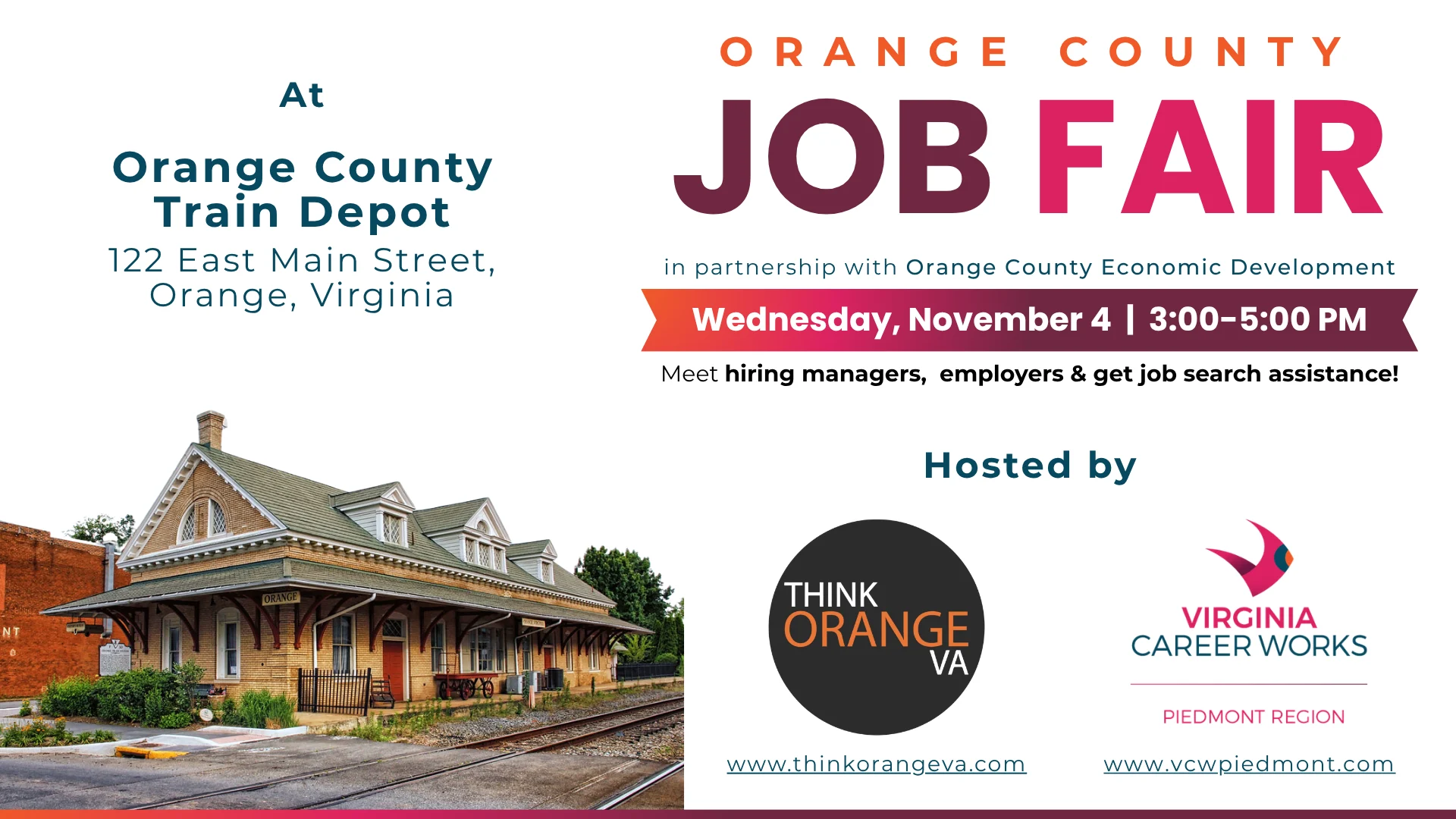 Flyer for an Orange County Job Fair on November 4, 3:00-5:00 PM at the Orange County Train Depot, listing participating organizations and website links.