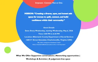 A colorful flyer for Women Supporting Women, an event by the Self-Sufficiency Team, with event details, mission statement, and a diverse group of illustrated women holding hands at the bottom.
