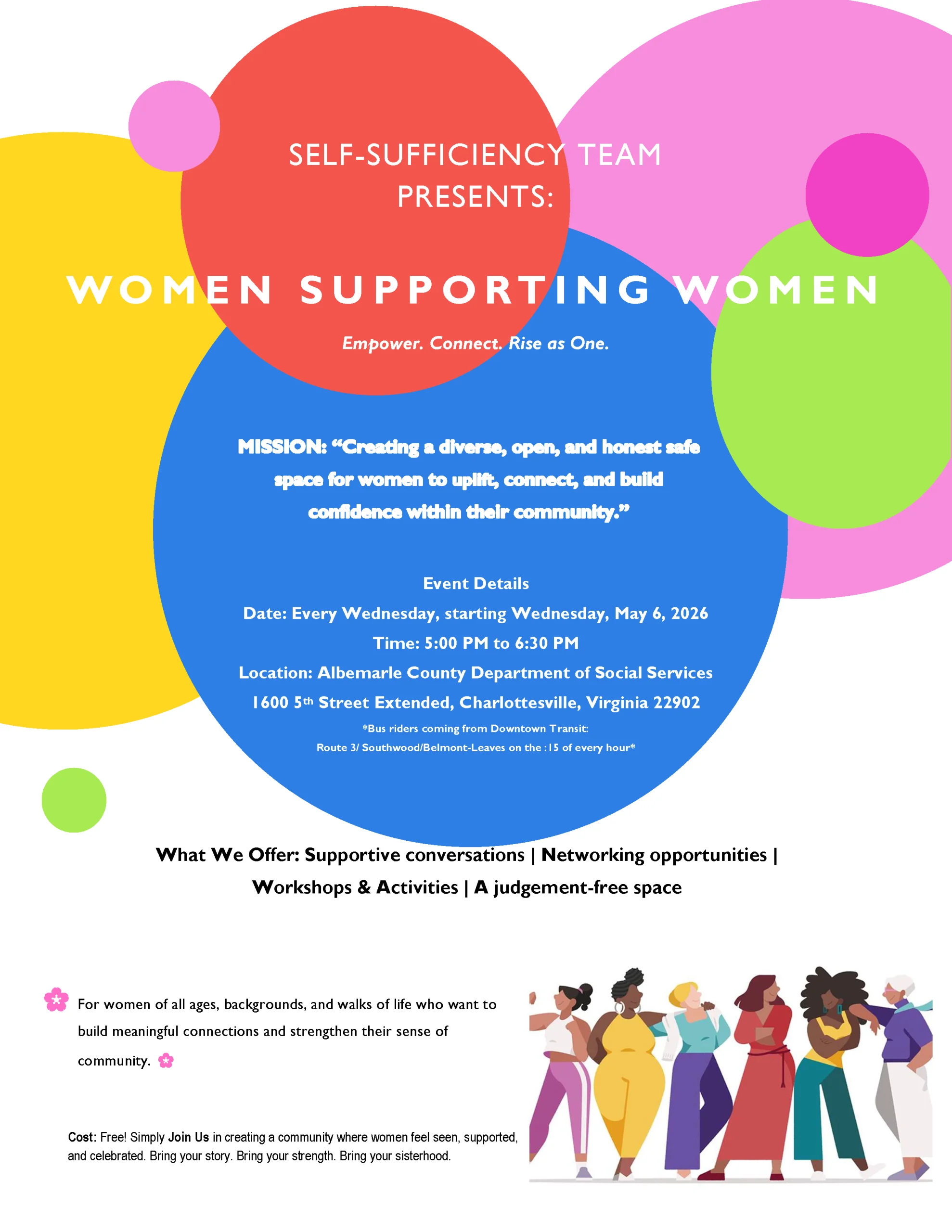 A colorful flyer for Women Supporting Women, an event by the Self-Sufficiency Team, with event details, mission statement, and a diverse group of illustrated women holding hands at the bottom.