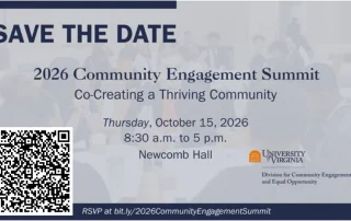 Save the date flyer for the 2026 Community Engagement Summit at the University of Virginia, held on October 15, 2026, from 8:30 a.m. to 5 p.m. at Newcomb Hall. Includes a QR code and RSVP link.