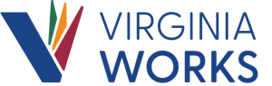Logo for Virginia Works featuring a large blue V with three colored stripes (green, orange, and red) on the left, and the words VIRGINIA WORKS in blue capital letters on the right.