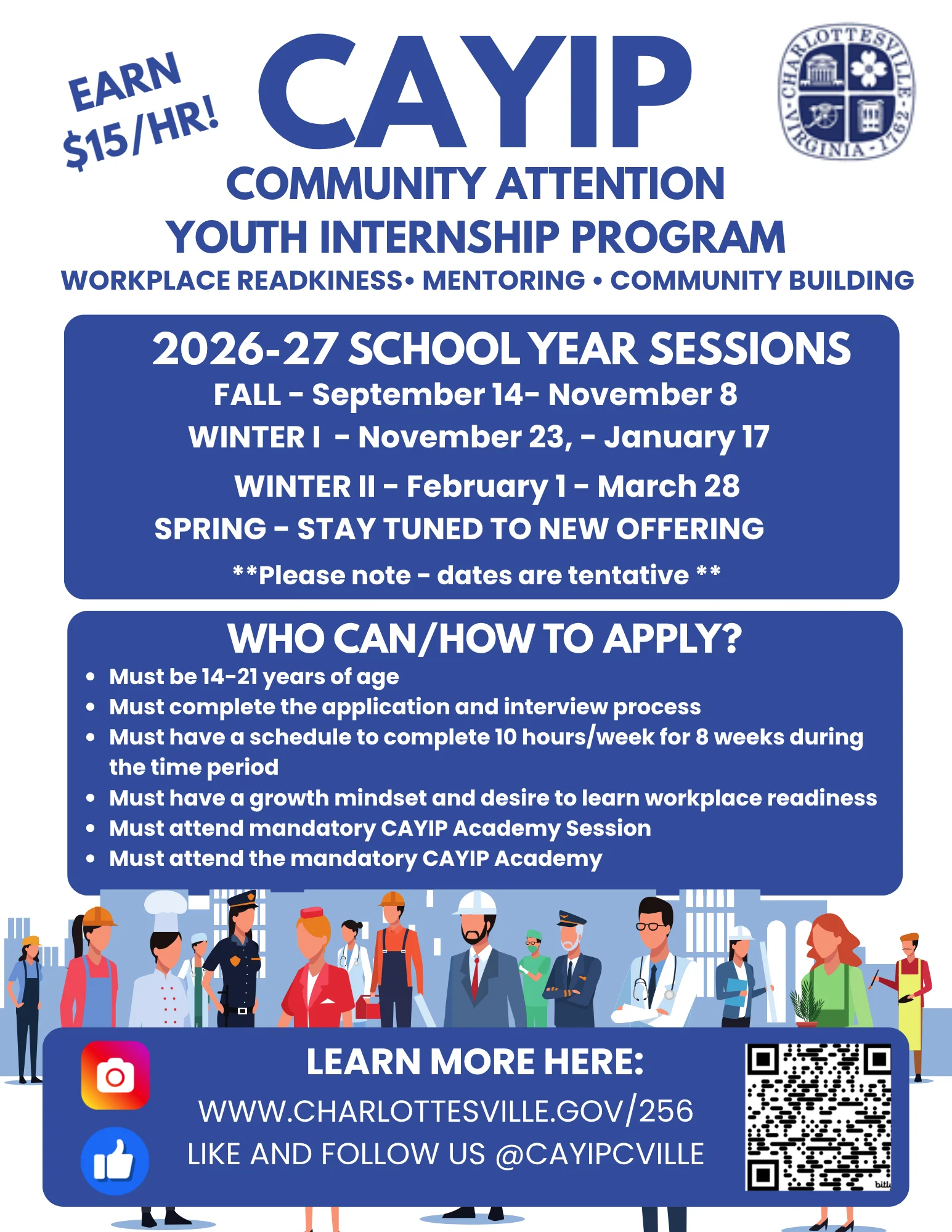 Informational flyer for the Charlottesville CAYIP youth internship program, listing session dates, eligibility requirements, and application information, including a link and QR code.